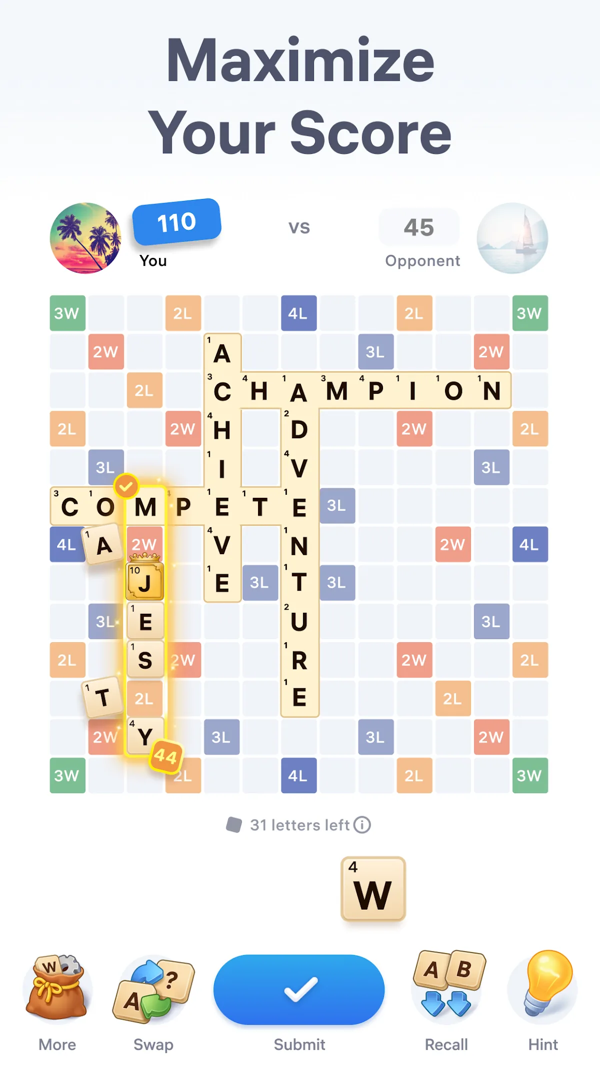 A word placed across bonus cells