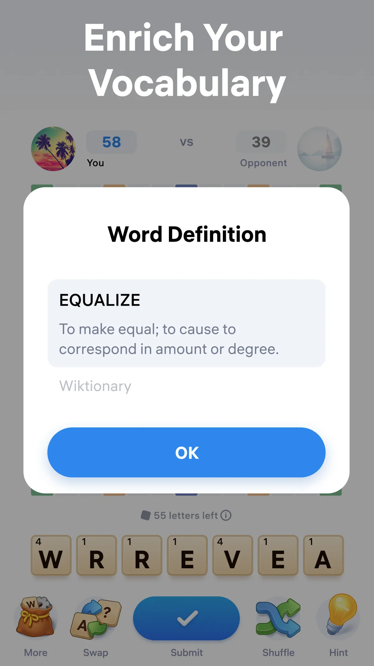 Word game board with letter tiles